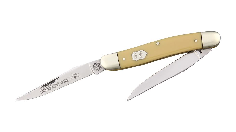 German Eye Muskrat Yellow Folding Knife,Twin Solingen Steel Clip Blade, Yellow Celluloid Handle GEMY