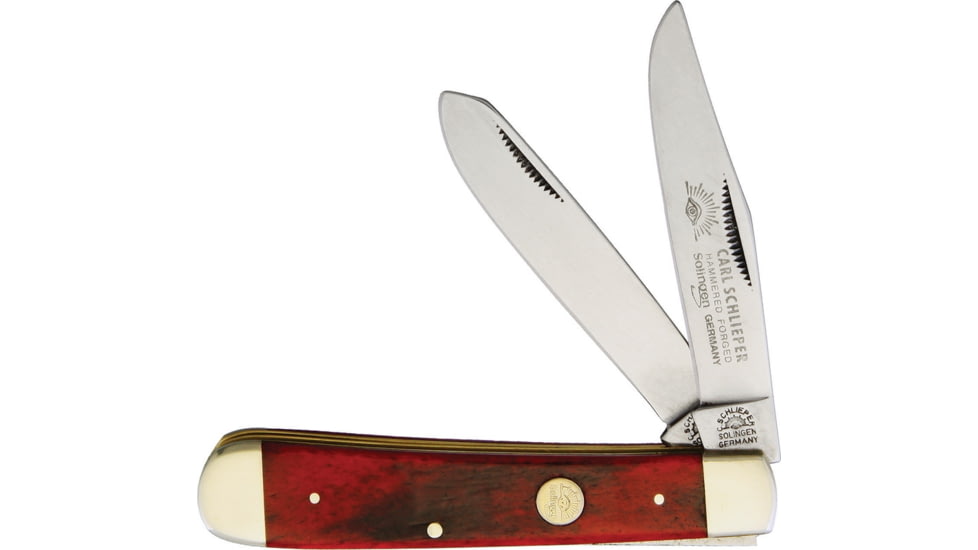 German Eye Trapper Red Folding Knife, Mirror Solingen Steel Clip/ Spey Blades, Red Smooth Bone Handle, Blade Etching, J RED