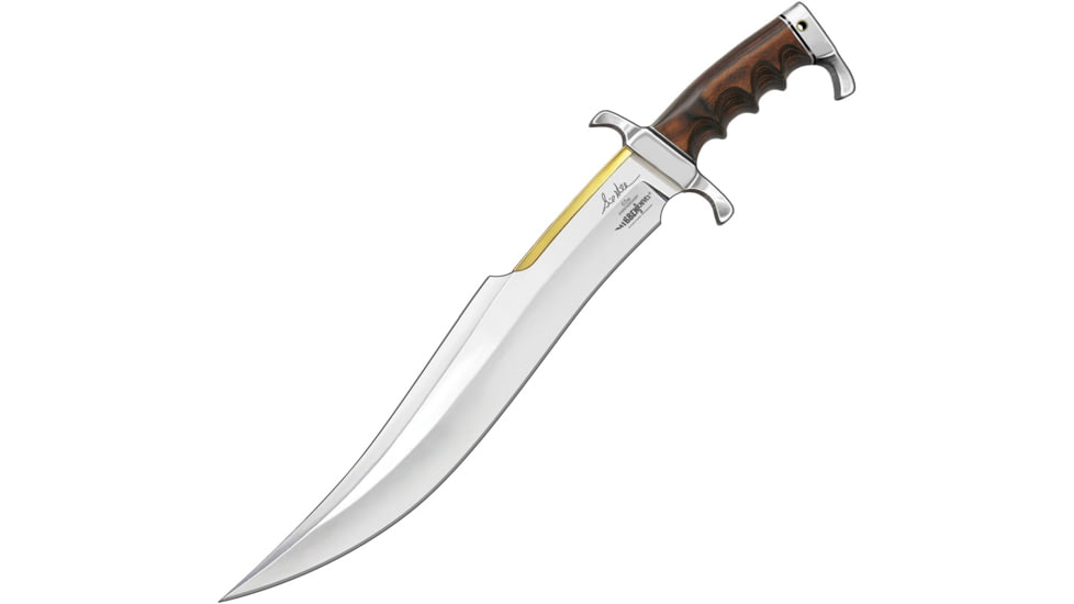 Gil Hibben 65th Annv Spartan Bowie Knife, 20.63in Overall, 15.13in Mirror Upswept Blade, Brown Pakkawood Handle, Leather Sheath, GH5123