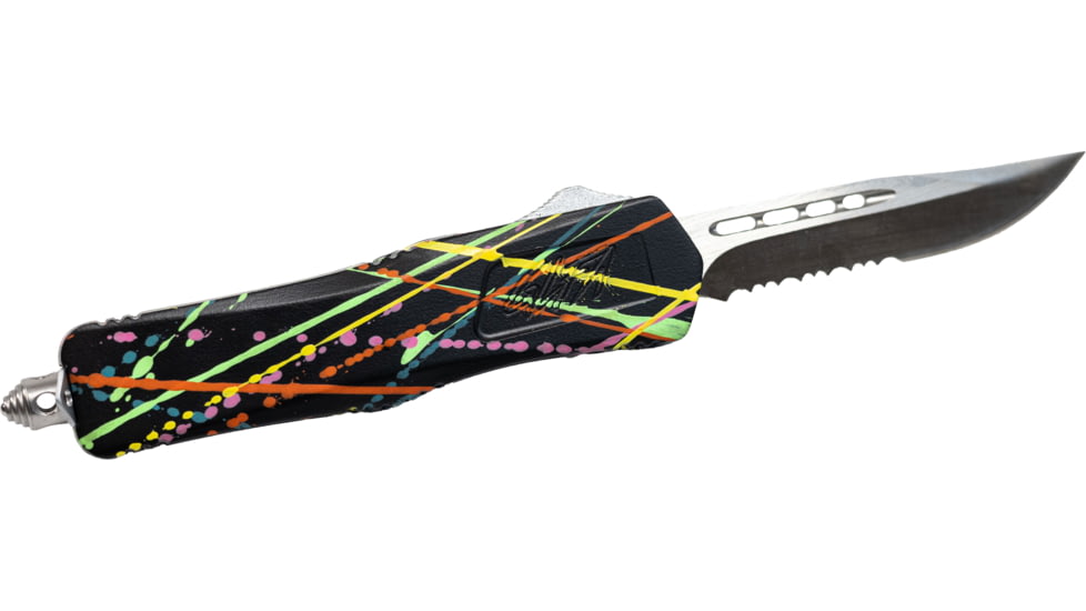 GLFA Spring Assisted OTF Knife, Serrated Blade, Black Splatter, 7&quot;, GL-KSM-SRT S-BLK