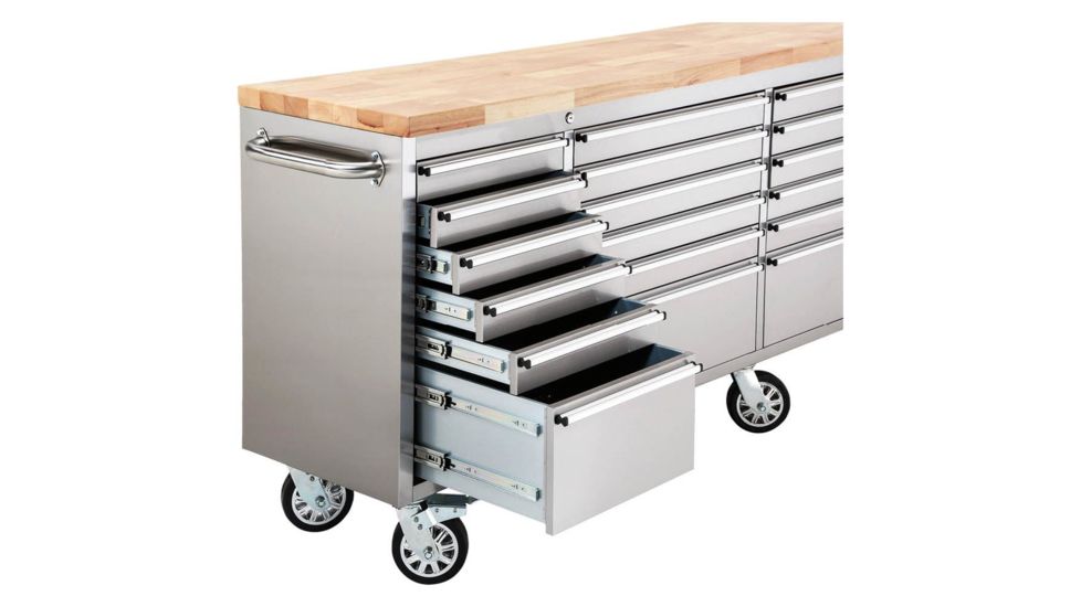 Grizzly Industrial 96in. 24 Drawer Stainless Steel Industrial Cabinet with Wood Top T27877
