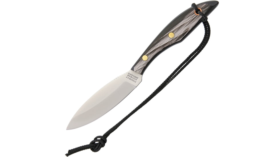 Grohmann Original Design Buffalo Horn Knife, 8 1/2in Overall, 4in SS Elliptical Blade, Offset Buffalo Horn Handles For Safe Grip, Black Cord Lanyard, Brown Leather Sheath, W1S