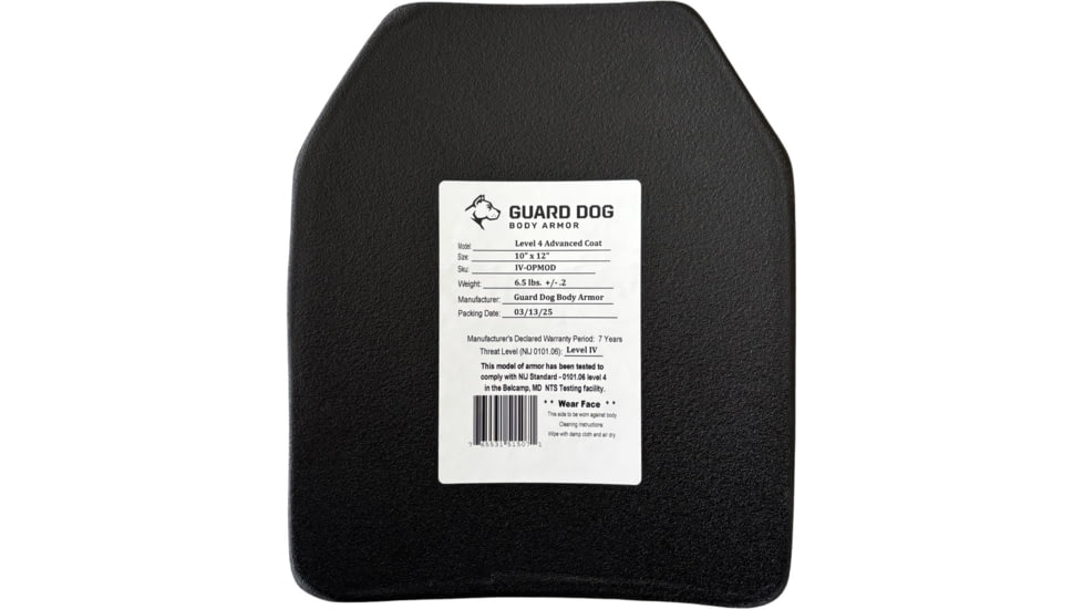 Guard Dog OPMOD Level 4 Armor Plate w/ Advanced Coating, Black, 10inx12in, IV-OPMOD