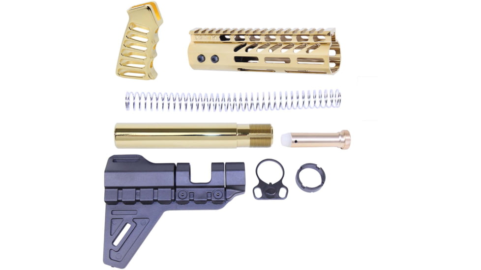 Guntec USA AR-15 Pistol Furniture Set W/Micro Breach Pistol Brace Gold Plated, Gold Plated, AR-PISTOL-SET-MLK-PB-GP
