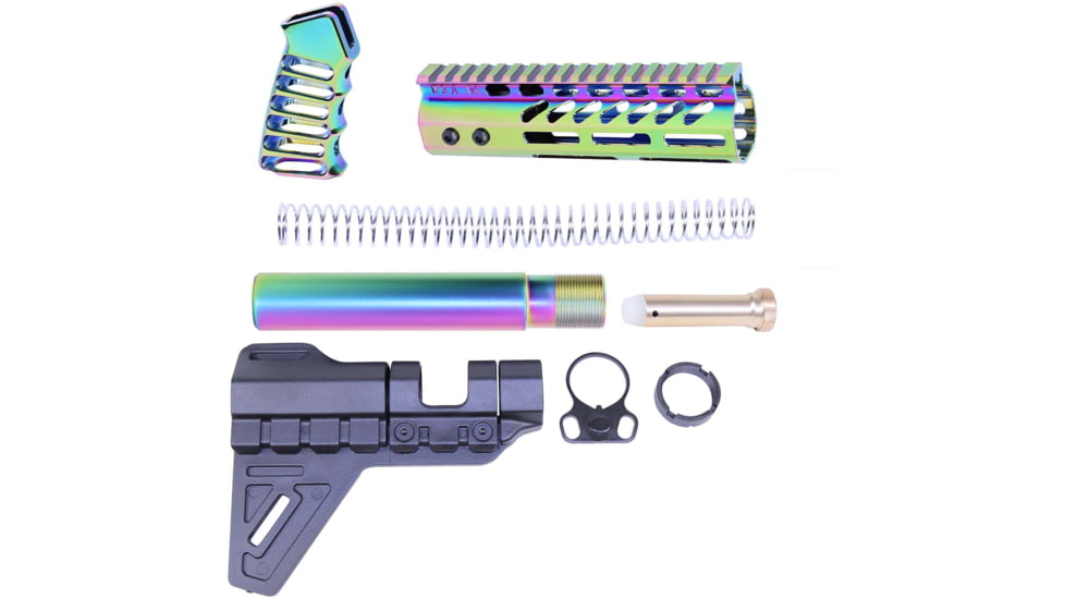 Guntec USA AR-15 Pistol Furniture Set W/Micro Breach Pistol Brace Rainbow PVD Coated, Gloss Rainbow PVD, AR-PISTOL-SET-MLK-PB-RPVD