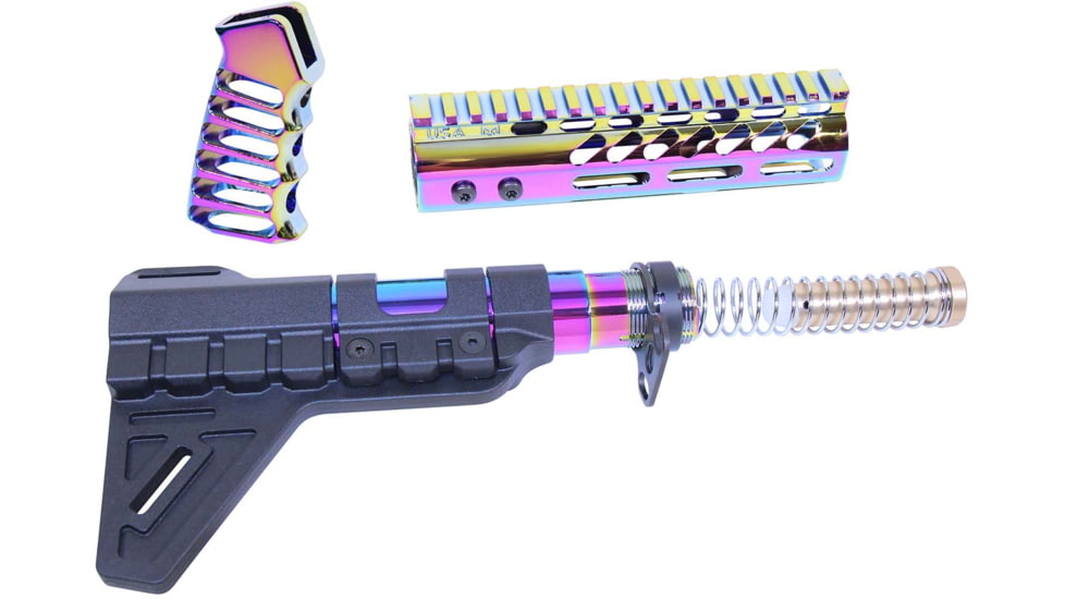 Guntec USA AR-15 Pistol Furniture Set W/Micro Breach Pistol Brace Rainbow PVD Coated, Gloss Rainbow PVD, AR-PISTOL-SET-MLK-PB-RPVD