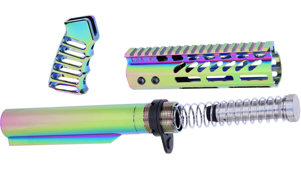 Guntec USA AR-15 Pistol Furniture Set With Miltube, Gloss Rainbow PVD, AR-PISTOL-SET-MIL-RPVD