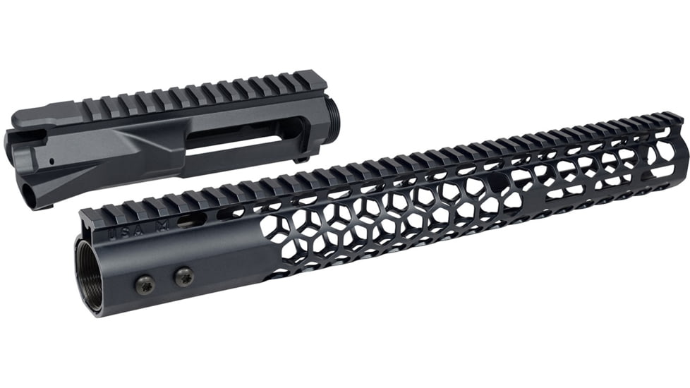 Guntec USA AR-15 Stripped Billet Upper Receiver 15 in Air Lite Series Honeycomb M-LOK Handguard Combo Set, Anodized Black, GT-UPPER-SET-BLK-15HC