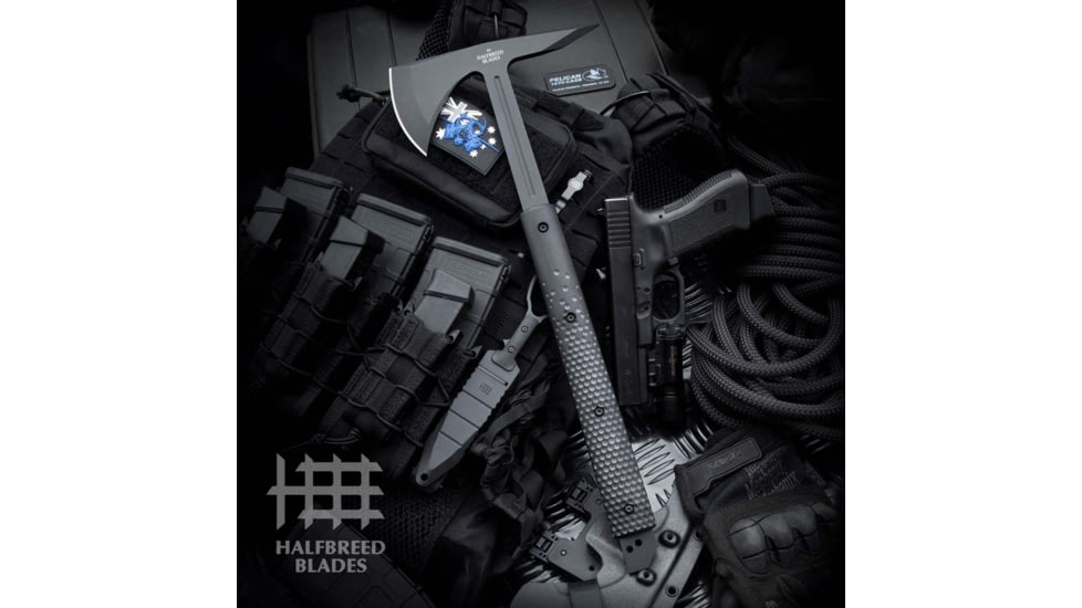 Halfbreed Blades Large Breaching Black Axe, 18.38in Overall, 7.5in Black Teflon Coated K110 Tool Steel Axe Head w/ 3.25in Cutting Edge, Black G10 Handle, Black Kydex Belt Sheath, LBA-01 BLK