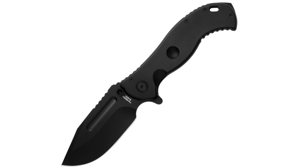Halfbreed Blades Large Bush Linerlock Folding Knife, 4.13 black PVD coated S35VN stainless modified dr, Black G10 handle with black titanium back handle, LBF-01 BLK