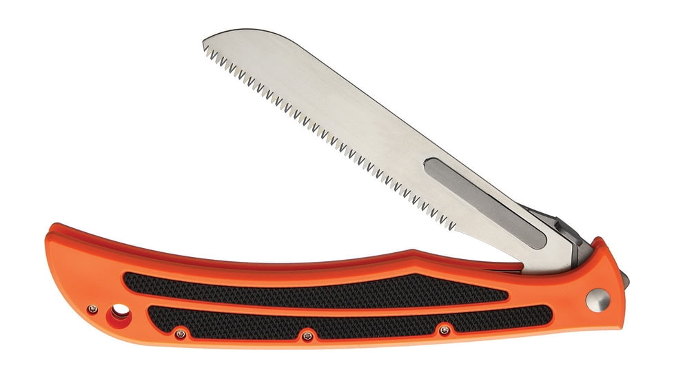 Havalon Baracuta Blaze Linerlock Saw, 4.38in Satin Serrated SS Blade, Orange Polymer Handle, Black Rubber Inserts, w/ Two Additional Saw Blades, Black Nylon Sheath, XTI-115BZSW