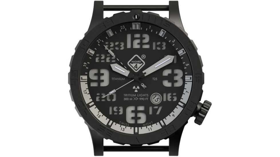 Hazard 4 Heavy Water Diver, 50mm Black Titanium GMT Watch with Tritium, Black Dial, White Texts, Green/Yellow Tritium HWD-TIPV-G-W-KW-GGYG