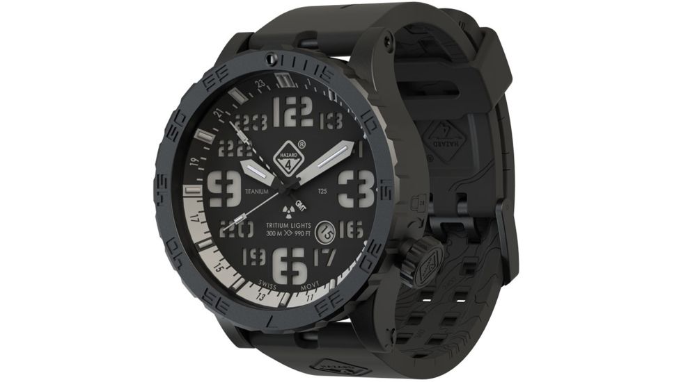 Hazard 4 Heavy Water Diver, 50mm Black Titanium GMT Watch with Tritium, Black Dial, White Texts, Green/Yellow Tritium HWD-TIPV-G-W-KW-GGYG