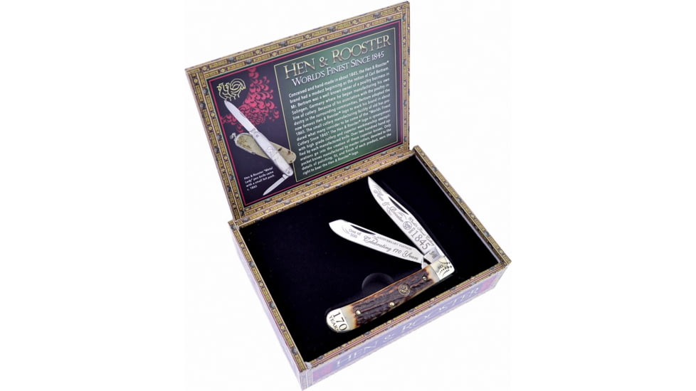 Hen &amp; Rooster 170Th Anniv Trapper Folding Knife, Mirror SS Clip/ Spey Blades, Stag Bone Handle, HR312170DS