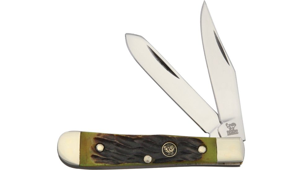 Hen &amp; Rooster Baby Trapper Antique Green Folding Knife,Clip and Spey,Antique Green,Jigged Bone Handle HR422AGB