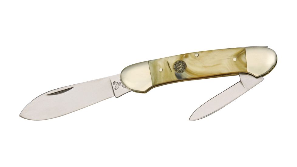 Hen &amp; Rooster Canoe Folding Knife,Spear and Pen Blade, Gold Corelon Handle HR25224KT
