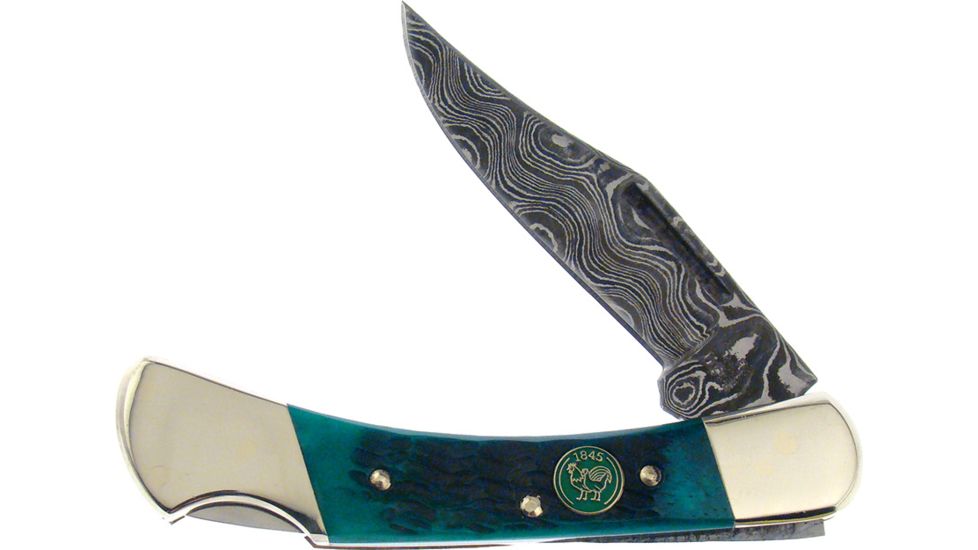 Hen &amp; Rooster Damascus Lockback, 2.5in, Green Pick Bone Handle HR351GPBD