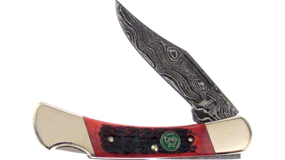 Hen &amp; Rooster Damascus Lockback, 2.5in, Red Pick Bone Handle HR351RPBD