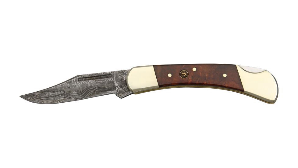 Hen &amp; Rooster Damascus Lockback Folding Knife, 2.5in, Damascus Steel Blade, Burl Wood Handle HR351BLD