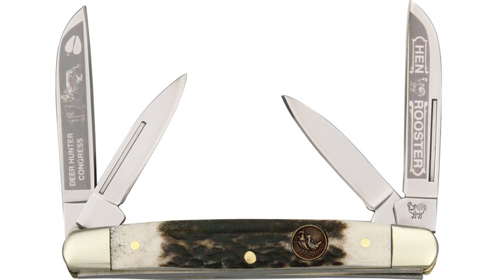 Hen &amp; Rooster Deer Hunter Congress Folding Knife,3.375in closed,Stainless Blade, Genuine Deer Stag Handle HR214DSDH