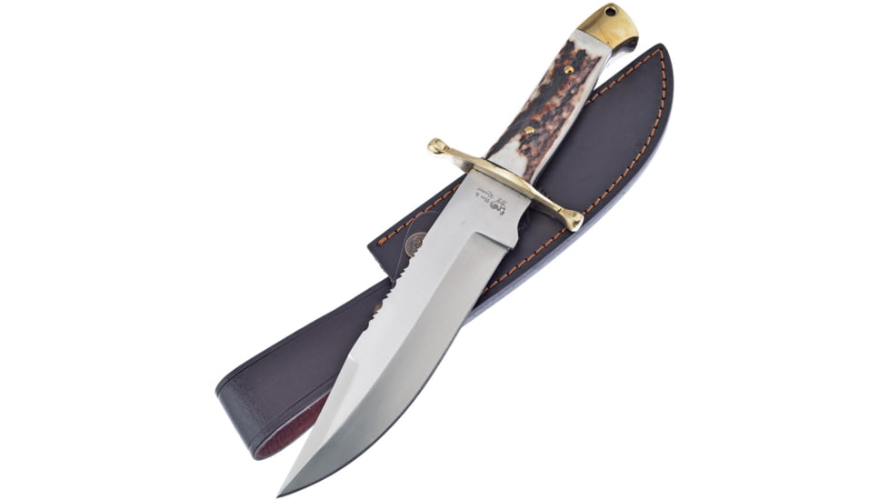 Hen &amp; Rooster Deer Stag Leather Sheath Knife, 7 satin finish 440 stainless bowie blade, Deer stag handle, HR-0040