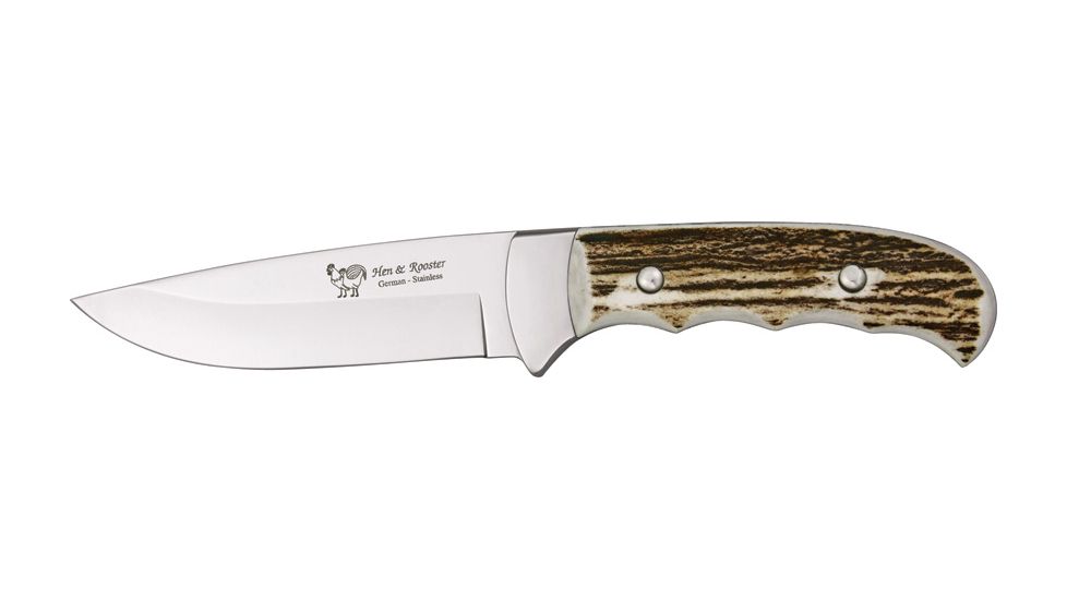 Hen &amp; Rooster Hunter Fixed Blade Knife, 4.75in, Stainless Blade, Genuine Deer Stag Handle HR3146