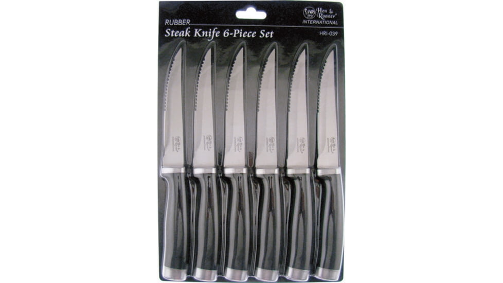 Hen &amp; Rooster International 6 Pc Steak Set Kitchen Knives, 8.75in Overall, 4.5in Serrated High Carbon SS Blade, Black Rubberized Synthetic Handle, SS Guard, Black, HRI-039