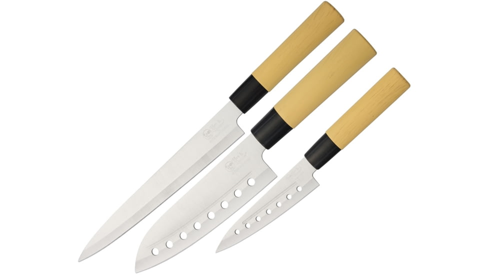 Hen &amp; Rooster Kitchen Knife Set, SS Blade, Natural Wood Handle, 9.25in Overall Utility w/ 5in Blade, 12in Overall Chef'S w/ 7in Blade, And 13in Overall Slicer w/ 8.5in Blade, Natural, HRI-K100