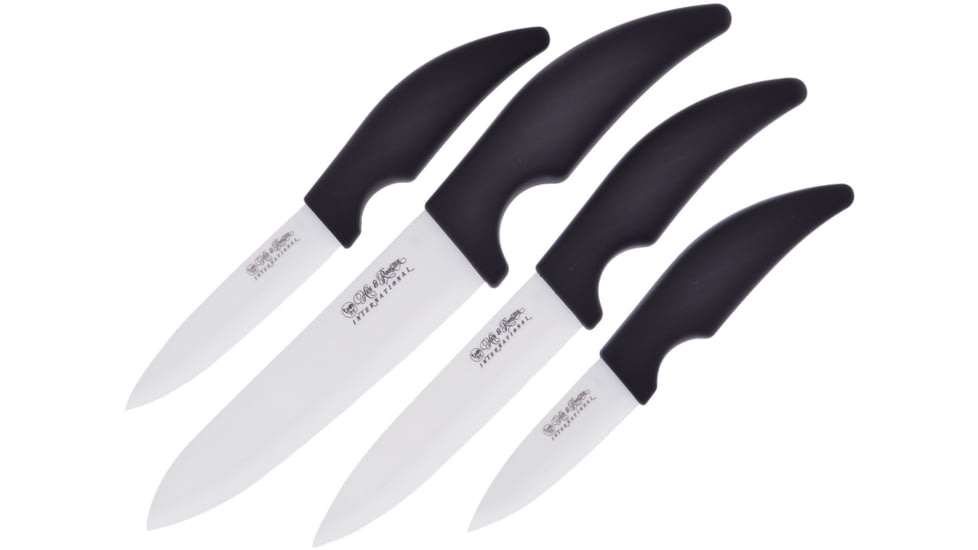 Hen &amp; Rooster Kitchen Set White Ceramic 4pc Knife, Black rubber handle, HRI-065