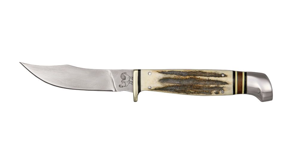 Hen &amp; Rooster Stag Damascus Bowie Fixed Blade Knife, 3.5in, Damascus Upswept Clip Blade, Stag Handle HR5048DM
