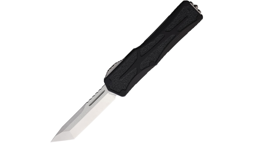 Heretic Knives Auto Colossus OTF Automatic Folding Knives, 3.5in, Stonewash Finish CPM MagnaCut Stainless Tanto Blade, Black Aluminum Handle, H0402A