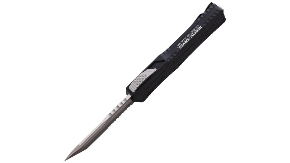 Heretic Knives Auto Colossus OTF Automatic Folding Knives, 3.5in, Satin Finish Partially Serrated CPM MagnaCut Stainless Tanto Blade, Black Aluminum Handle, H0402B
