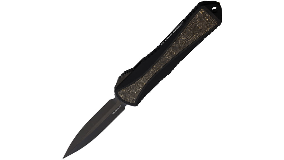 Heretic Knives Auto Manticore OTF Automatic Folding Knives 3in, Black DLC Coated Double Edge CPM MagnaCut Stainless Blade, Black/Gold Anodized Aluminum Handle, H0286AFCTIN