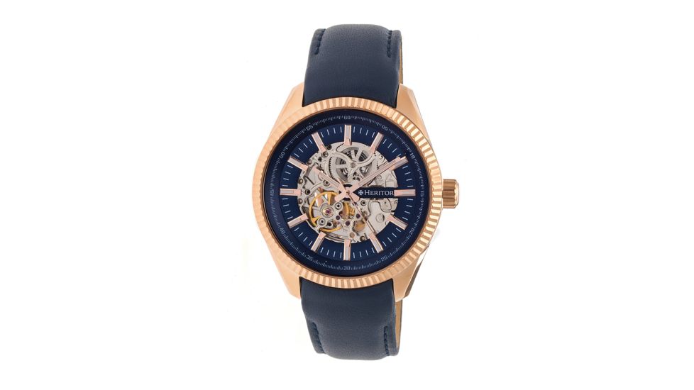 Heritor Automatic Desmond Skeleton Dial Leather-Band Watch, Navy/Navy HERHR6604