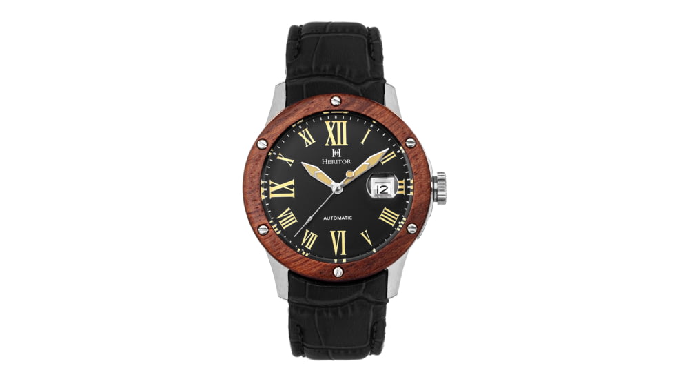 Heritor Automatic Wooden Bezel Leather Band Watch /Date , Silver/Black, HERHS1601, Silver/Black, One Size, HERHS1601