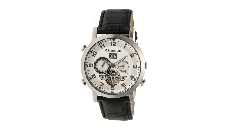 Heritor Edmond Leather-Band Watch w/Day, Silver HERHR6201