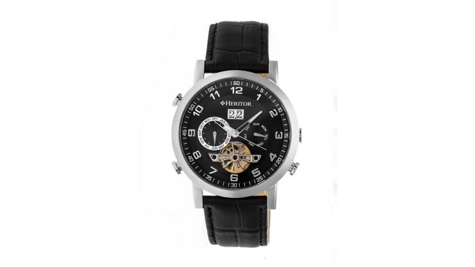 Heritor Edmond Leather-Band Watch w/Day, Black HERHR6202
