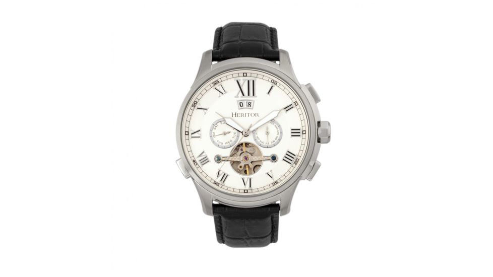 Heritor Automatic Hudson Leather-Band Watch w/Date, Silver/Black, HERHR7501