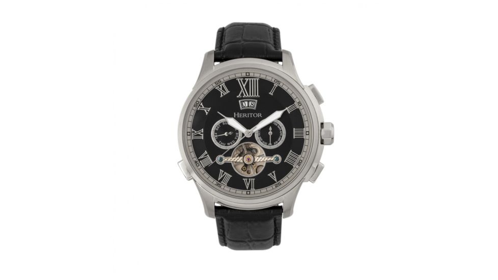 Heritor Automatic Hudson Leather-Band Watch w/Date, Silver/Black/Black, HERHR7502