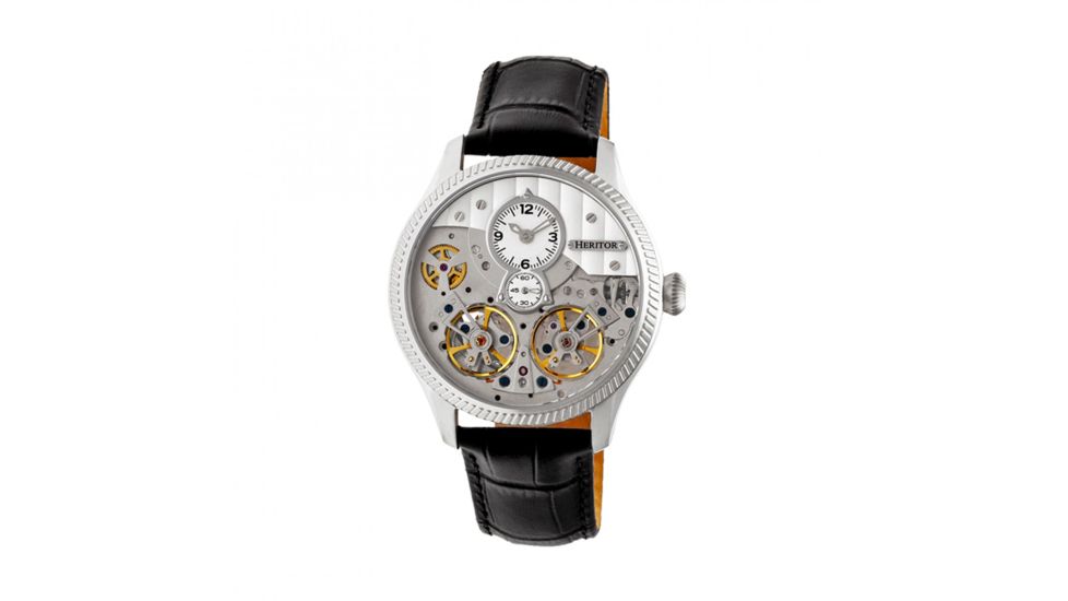 Heritor Automatic Winthrop Leather-Band Skeleton Watch, Silver, HERHR7301