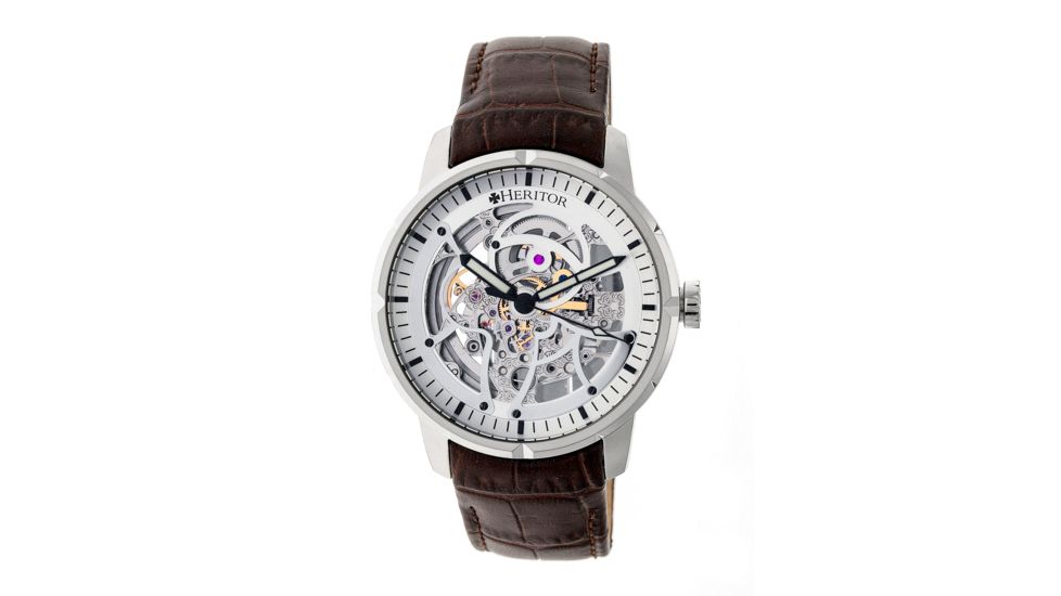 Heritor Ryder Skeleton Dial Leather-Band Watch, Silver/Silver/Brown, Standard HERHR4603