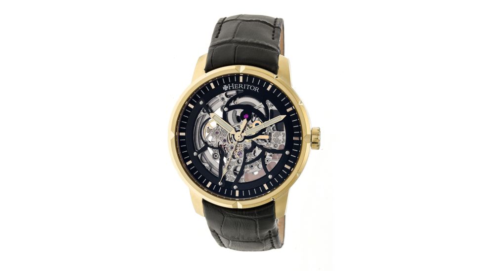 Heritor Ryder Skeleton Dial Leather-Band Watch, Gold/Silver/Brown, Standard HERHR4604