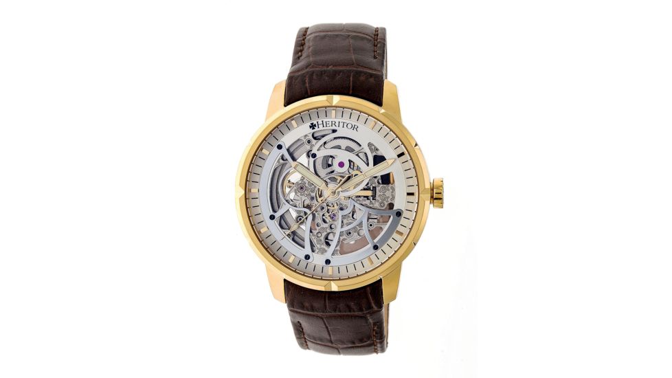 Heritor Ryder Skeleton Dial Leather-Band Watch, Gold/Black/Black, Standard HERHR4605
