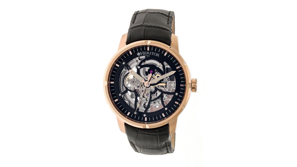 Heritor Ryder Skeleton Dial Leather-Band Watch, Rose Gold/Black/Black, Standard HERHR4606
