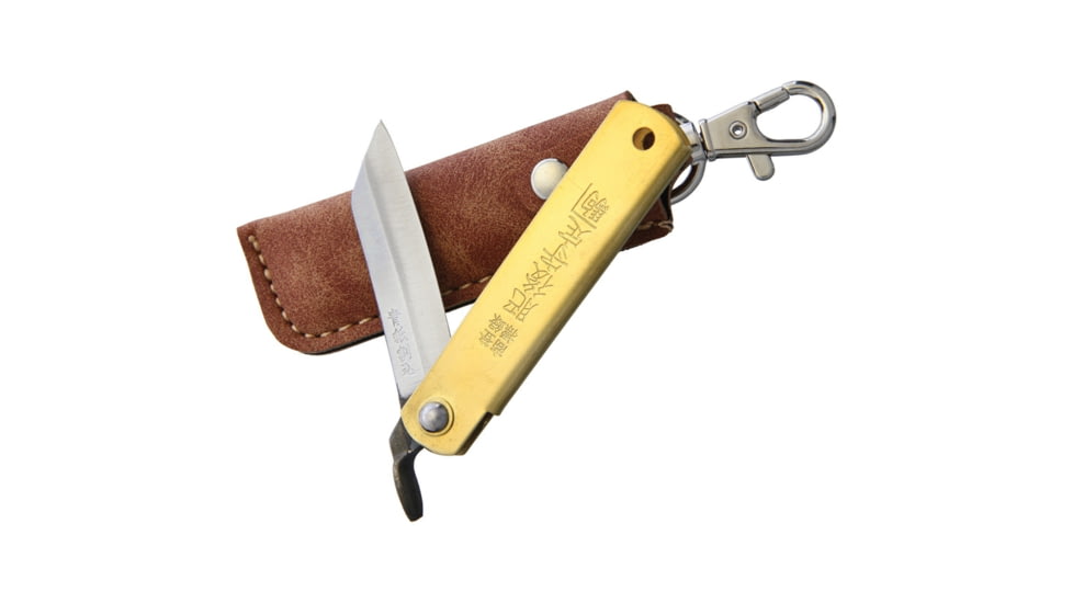 Higonokami Folder Brass Blue Paper Steel Folding Knife, 2in Blue Paper Steel Blade, Brass Handle, Slip Joint, Brown Leather Sheath, 75MMBRASSBROWNLEATHERCAS