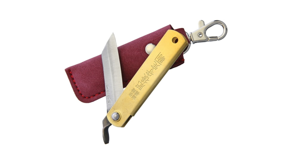 Higonokami Folder Brass Blue Paper Steel Folding Knife, 2in Blue Paper Steel Blade, Brass Handle, Slip Joint, Burgundy Leather Sheath, 75MMBRASSREDLEATHERCASE