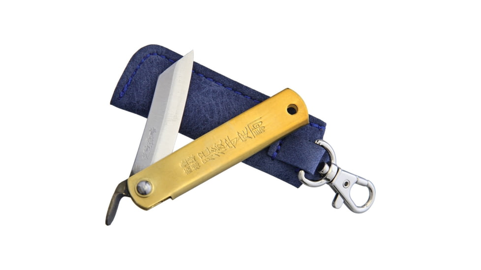 Higonokami Folder Brass Folding Knife, 2in Blue Paper Steel Blade, Brass Handle, Blue Suede Pouch, 75MMBRASSBLUELEATHERCASE