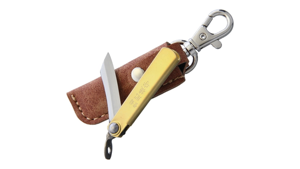 Higonokami SK Folder Brass Folding Knife, 1.5in Satin Sk5 Carbon Steel Blade, Brass Handle, Slip Joint, Hrc 60, Brown Leather Sheath, HIGO01BRS