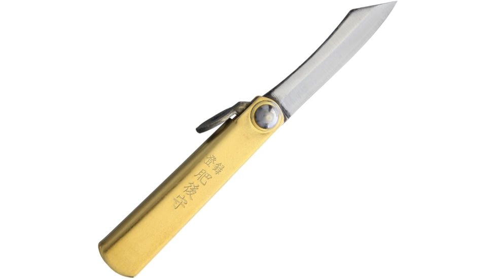 Higonokami SK Folder Brass Folding Knife, 1.5in Satin Sk5 Carbon Steel Blade, Brass Handle, Slip Joint, Hrc 60, Brown Leather Sheath, HIGO01BRS