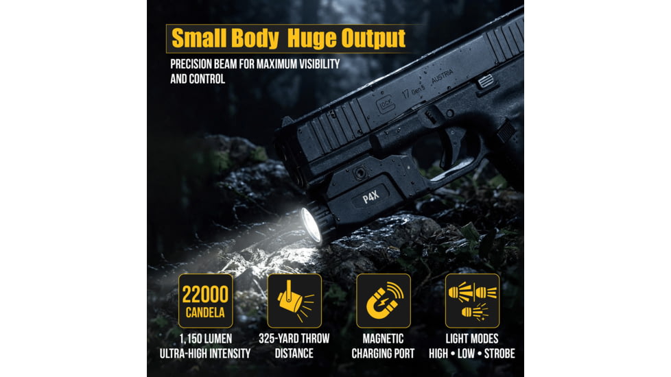 Hilight P4X 1150 Lumens LED Weapon Light, Lithium Ion, SIG Sauer P226, Springfield Armory XD-S, G 19, SIG Sauer P320, G 17, G 34, S&amp;W M&amp;P M2.0, Springfield Armory XD-M, Black, P4X